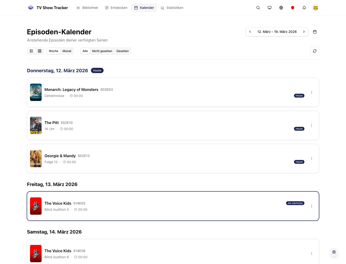 Calendar month view with upcoming tracked episodes.