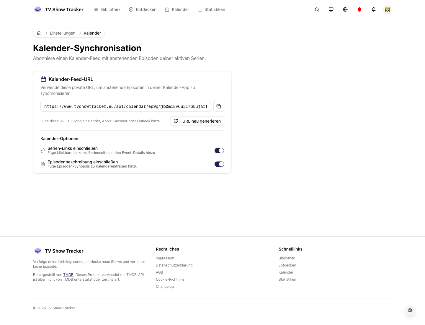 Calendar settings page for feeds and preferences.
