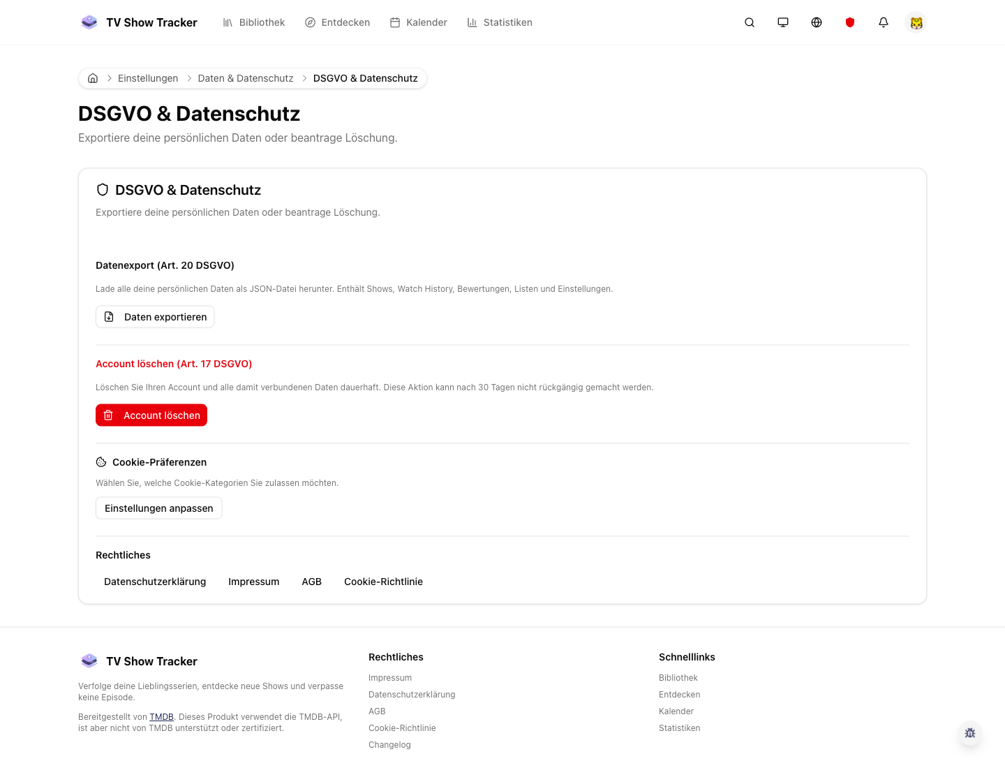 Data privacy page with access and deletion related tools.
