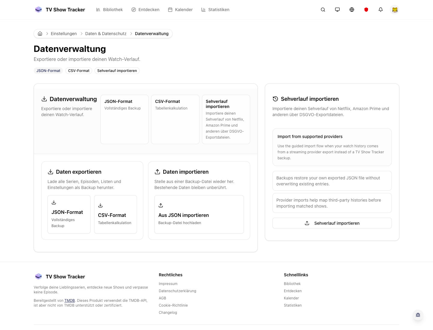 Data transfer page with export and import options.