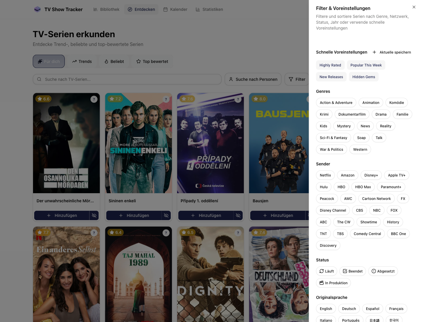 Explore page with the filter and preset panel open.