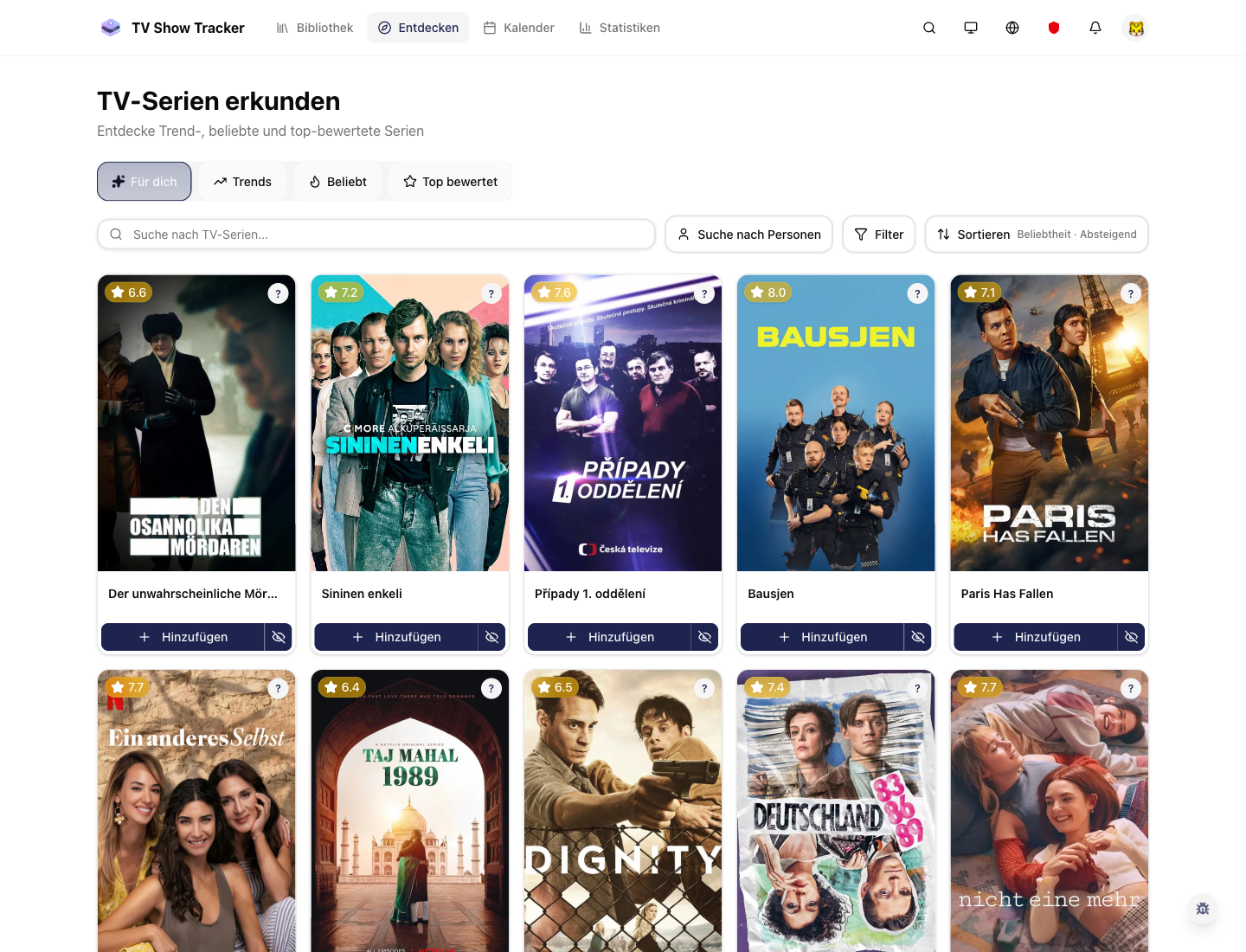 Explore page with show cards and discovery filters.