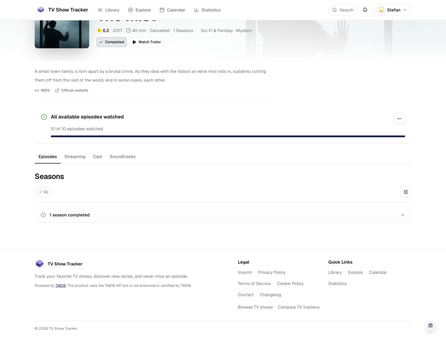 Show detail page with the main tracking area and episode context.