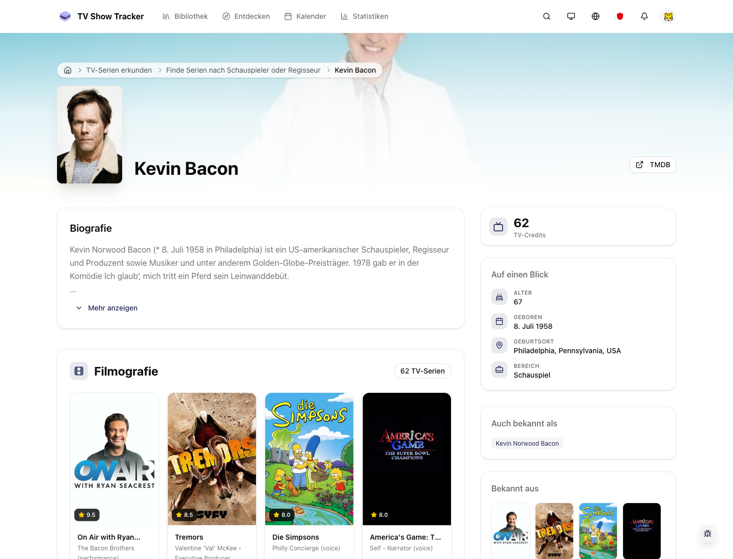 Actor detail page with biography, credits, and contextual information.