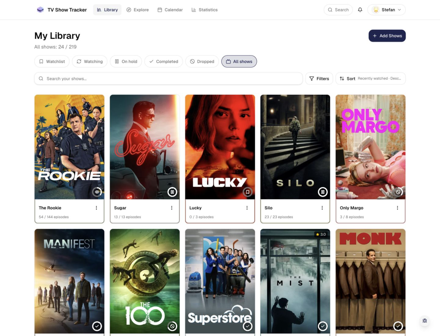 Personal library overview with tracked shows and progress bars.