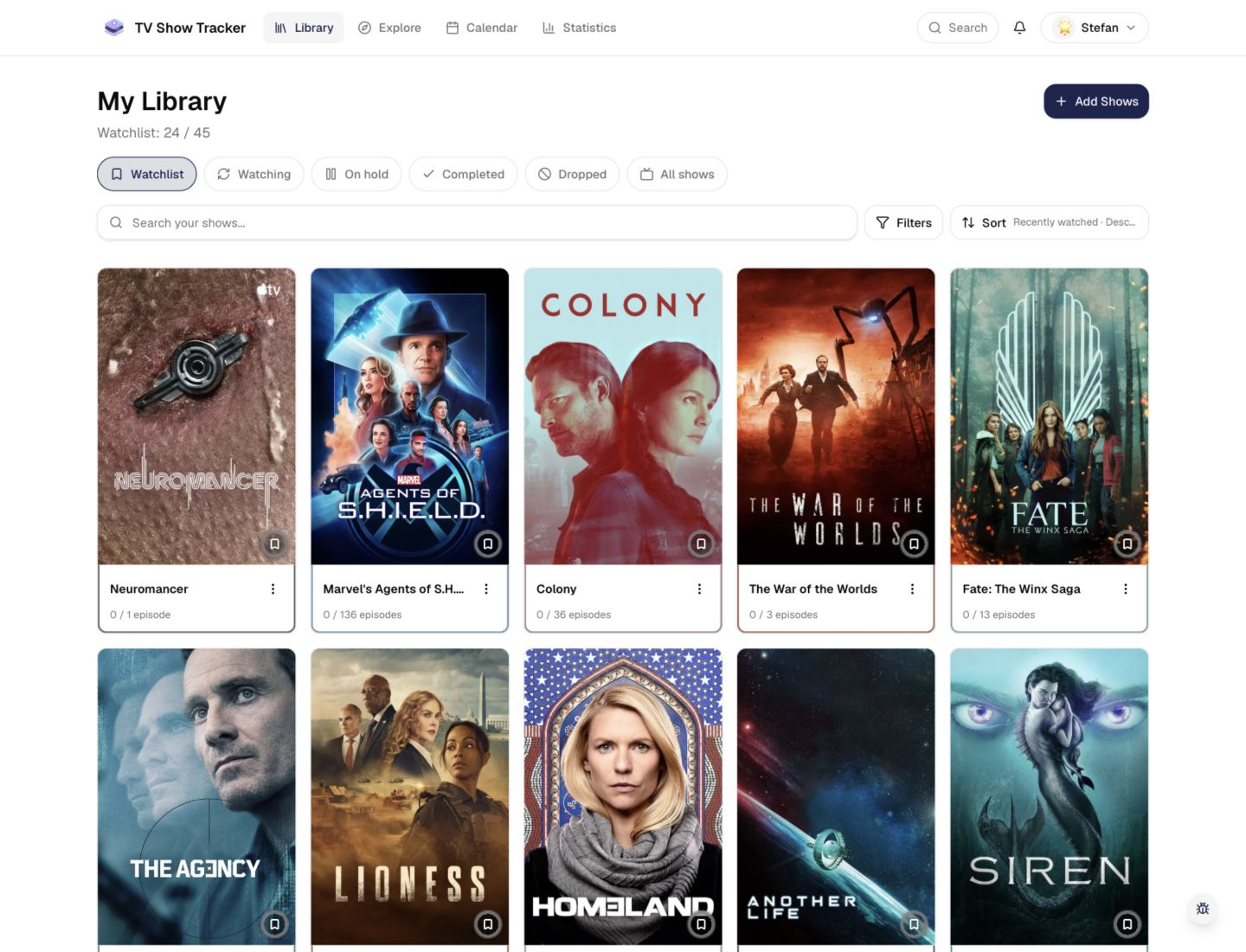 Watchlist view in the library with filtering controls and show cards.