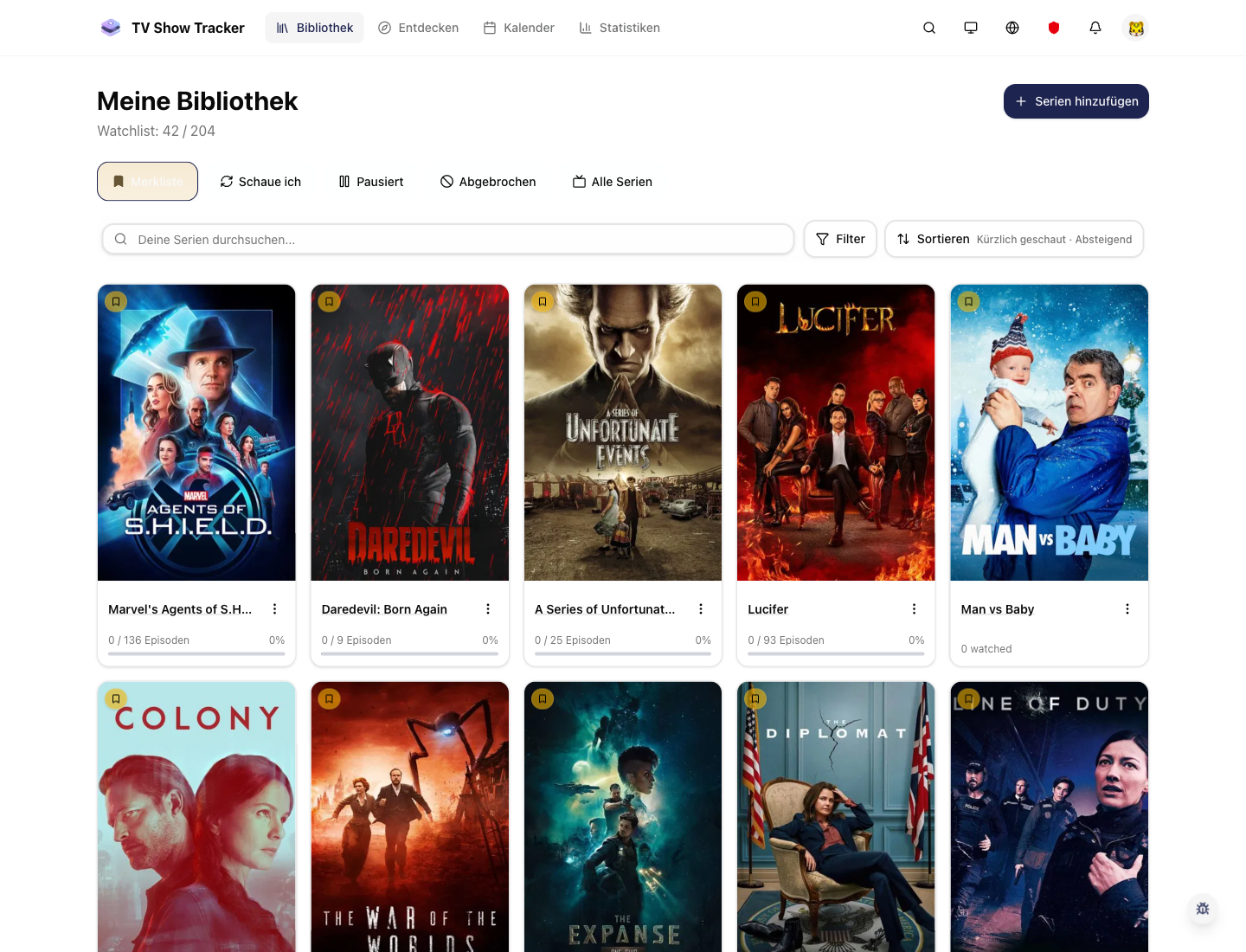 Library view showing shows that could benefit from a quick recap before continuing.
