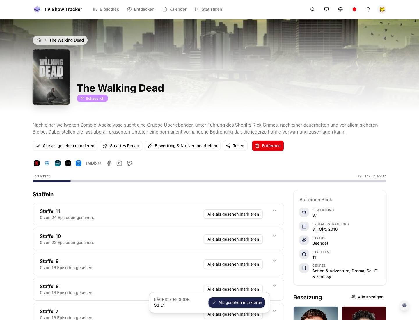 Show detail page with the main tracking area and episode context.