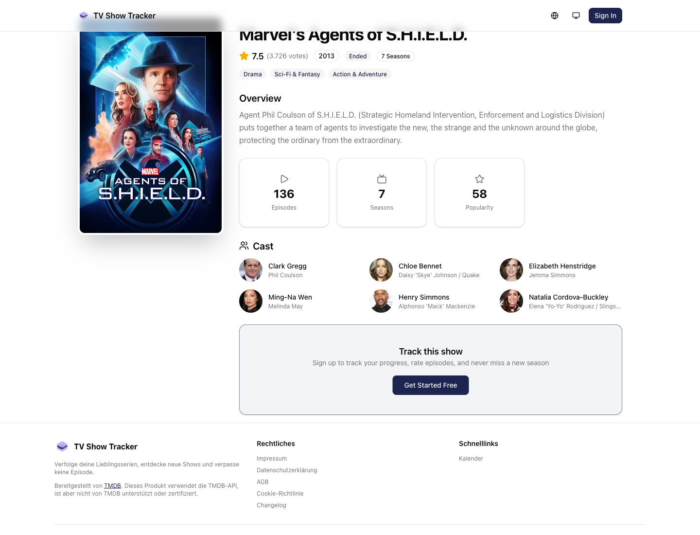 Public show share page with poster, cast, summary, and provider information.