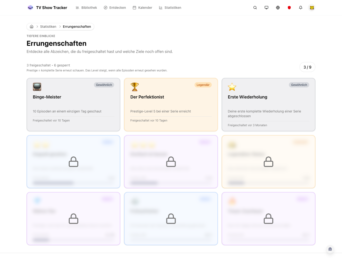 Achievements page with unlocked and locked progress badges.